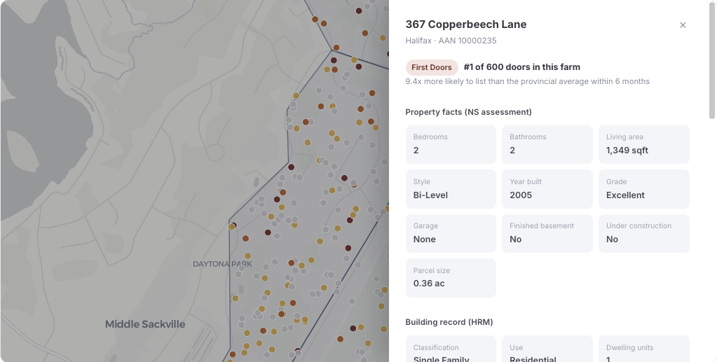 A farmPogo neighbourhood map with every home scored, and a property drawer showing a First Doors home ranked #1 to sell